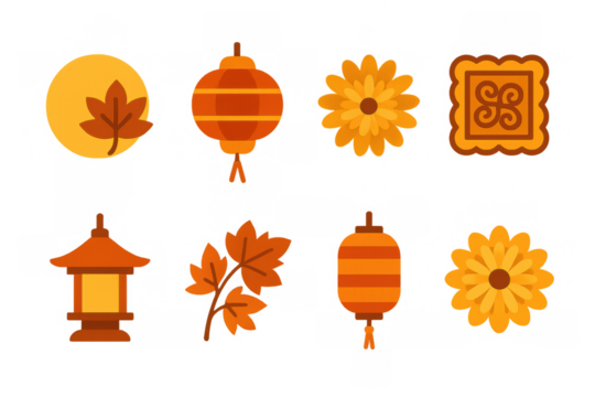 Autumn festival icons set featuring lanterns flowers and leaves in flat design