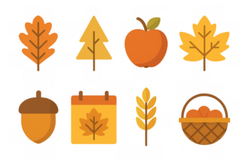 Autumn elements collection: leaves, acorn, apple, and basket in flat design