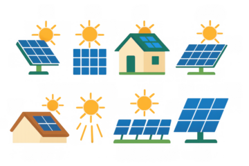 Renewable energy icons: solar panels and sun symbols for eco-friendly designs