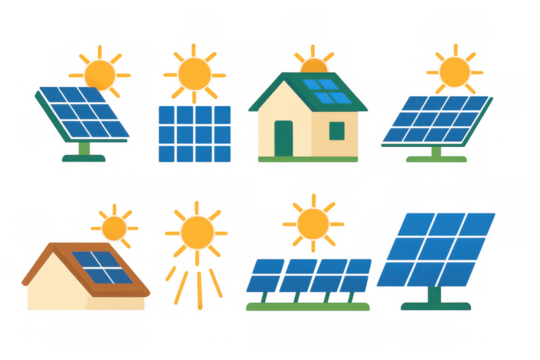 Renewable energy icons: solar panels and sun symbols for eco-friendly designs