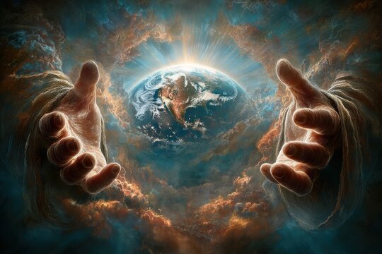 Lord divine act: sacred motion, celestial hold, holy creation, spiritual gaze, Earth destiny, divine power, eternal vision, scriptural theme, cosmic balance, theological belief, holy bond