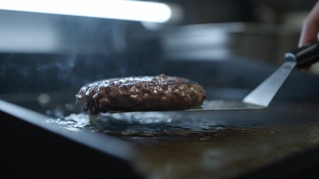 A juicy beef hamburger patty is cooked on a hot griddle with a spatula in a restaurant kitchen to make a delicious classic cheeseburger
