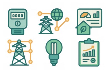 Energy management icons set with smart meter and renewable technology elements