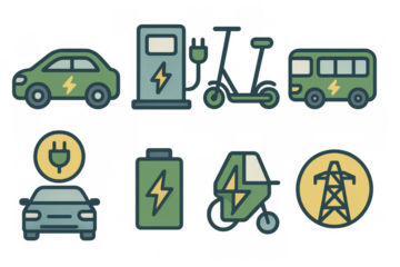 Eco-friendly urban transport icons featuring electric vehicles and charging stations