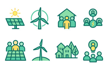 Renewable energy icons: solar, wind, and community concepts in green and yellow