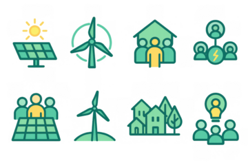 Renewable energy icons: solar, wind, and community concepts in green and yellow
