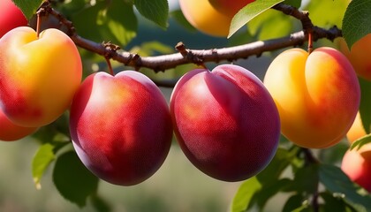 ripe red and yellow plums on a branch