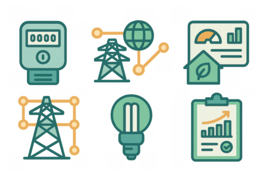 Energy management icons set with smart meter and renewable technology elements
