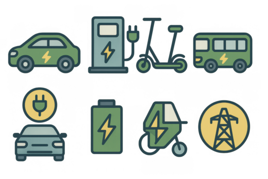 Eco-friendly urban transport icons featuring electric vehicles and charging stations