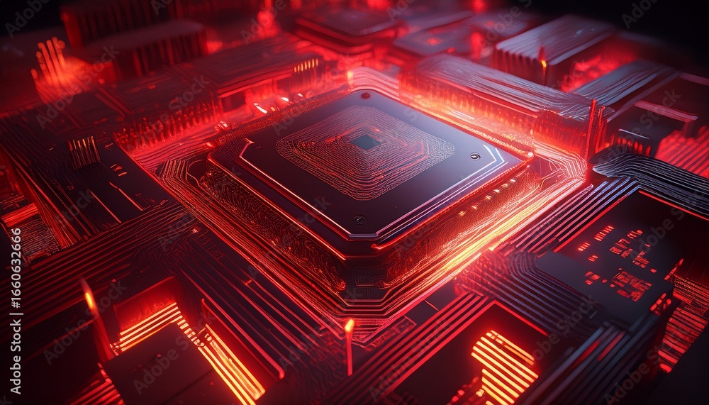 Poster close up of a microchip s intricate circuitry glowing red