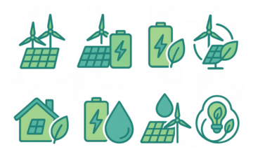 Eco-friendly energy icons: solar, wind, battery, and sustainability set