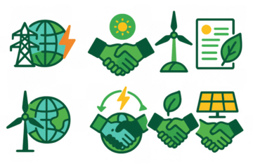 Renewable energy icons with earth, hands, and eco elements in flat style