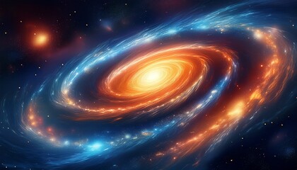 a vibrant spiral galaxy glowing with orange and blue hues swirls in the vast dark expanse of space speckled with distant stars