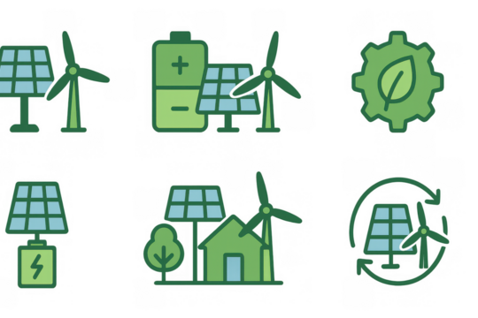 Eco-friendly energy icons featuring solar panels and wind turbines in a green theme