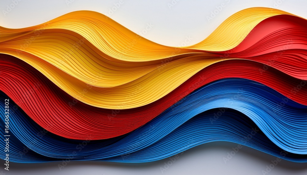 Poster vibrant waves of blue red and yellow paper artfully arranged on a smooth white backdrop creating a m