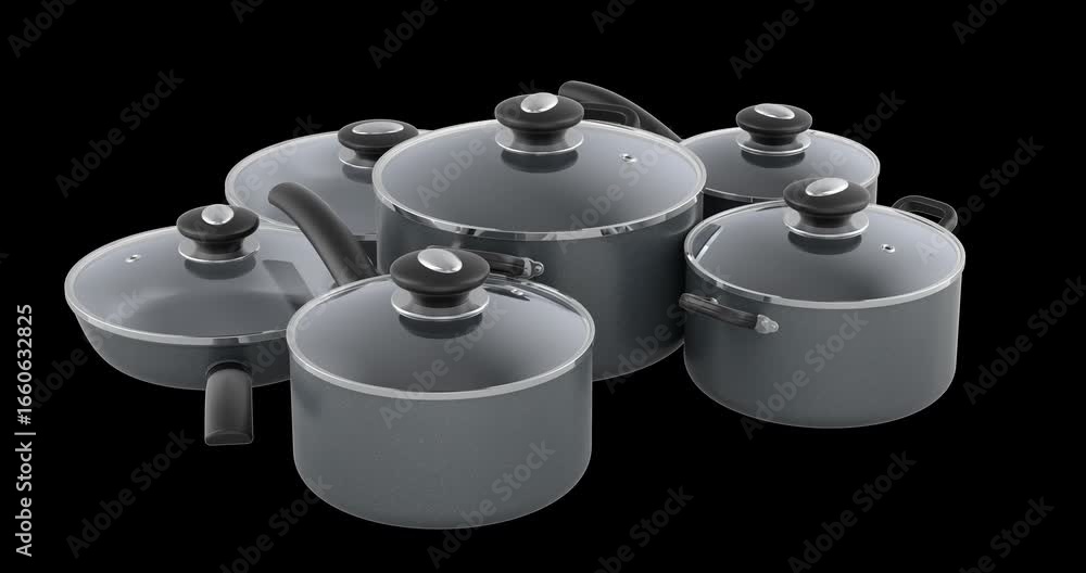 Aufkleber black non-stick cookware set, rotation animation seamlessly loopable. 3d rendering isolated on trans