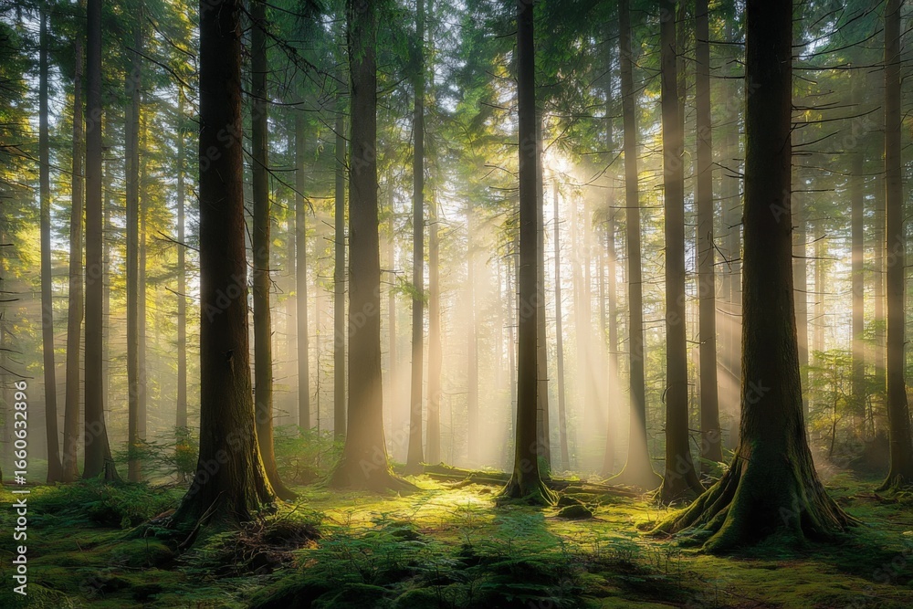 Aufkleber sunlight streaming through a dense forest canopy creating a magical and serene ambiance
