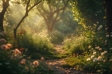 Fototapeta premium Flower garden at dusk, golden light between the leaves and serene atmosphere