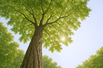 Fototapeta premium Majestic Tree Canopy with Lush Green Leaves and Sunlight Filtering Through Branches Against Sky