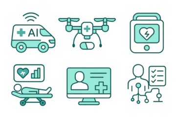Futuristic healthcare technology icons featuring ai, drones, and telemedicine
