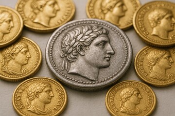 Ancient Coin Collection: Detailed Macro Shot of Gold and Silver Currency with Portrait