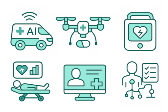 Futuristic healthcare technology icons featuring ai, drones, and telemedicine