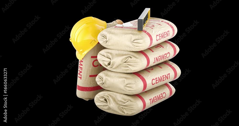 Aufkleber cement bags with hard hat, construction level and trowel, rotation animation seamlessly loopable. 3d