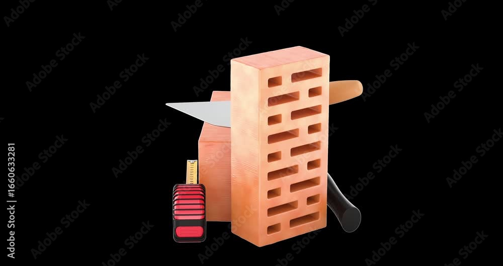 Aufkleber clay bricks with masonry trowel, rubber mallet and measuring tape, rotation animation seamlessly loo