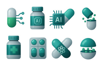 Futuristic medical technology and ai capsule icons set in 3d