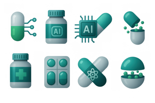 Futuristic medical technology and ai capsule icons set in 3d