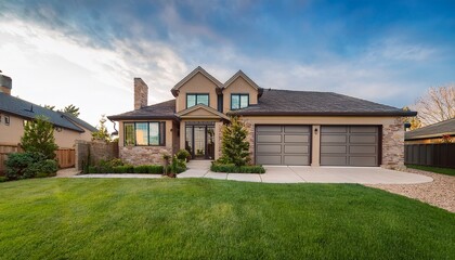 Obraz premium custom built luxury house with nicely trimmed front yard lawn in a residential neighborhood