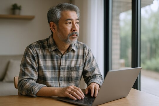 Mature Asian Man Contemplating Future While Working From Home on Laptop by Window - Powered by Adobe