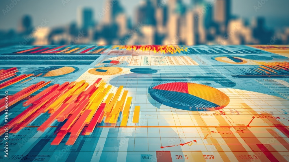Poster data analytics and business intelligence visualization with pie charts and graphs overlaying a citys