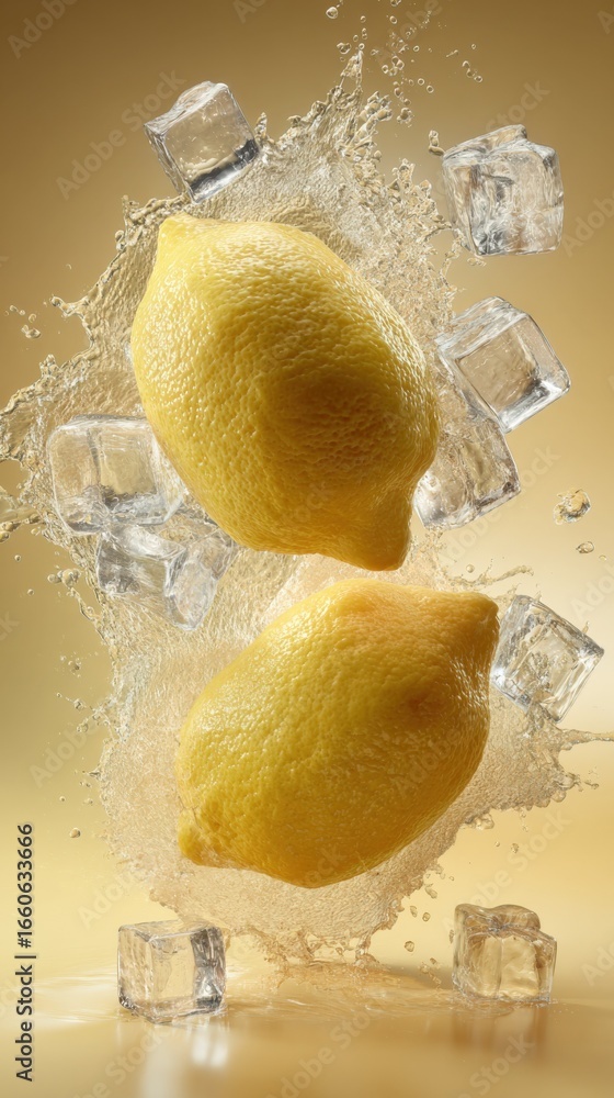 Poster refreshing lemons with ice cubes and water splashes on a golden background for a dynamic composition