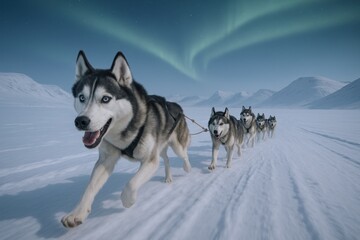 Naklejka premium Sled Dogs Pulling a Sled Across the Snowy Landscape Under the Aurora Borealis, Conveying Adventure