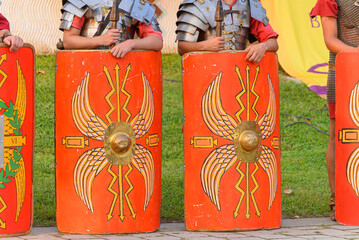 Roman Soldiers with Lorica Segmentata Armor and Shields. Concept The disciplined Roman legion.