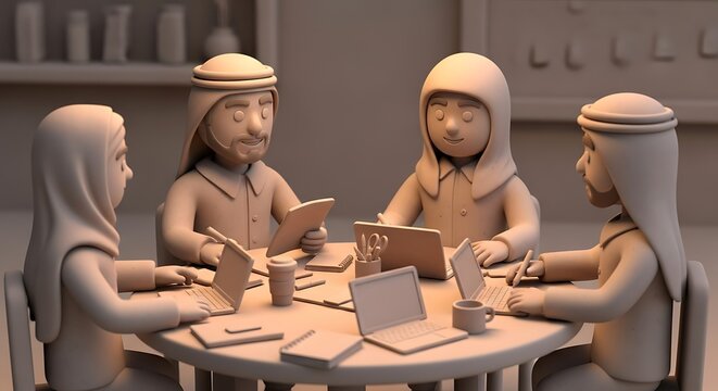 Diverse Group of Digital Characters Collaborating in a Modern Workspace