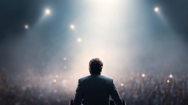 Speaker addresses a large crowd, back view, under bright spotlights in smoky air