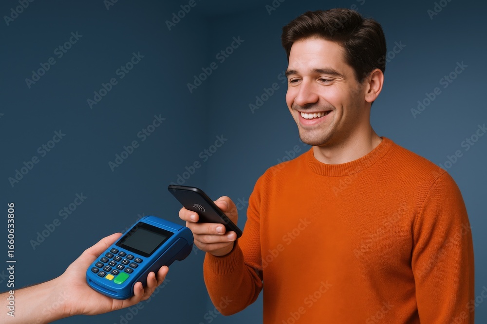 Poster smiling man makes contactless payment with mobile phone via card reader for convenience