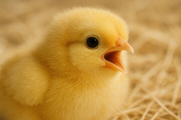 Adorable Yellow Chick with Open Beak Sitting on Straw, Symbolizing New Life and Spring Season
