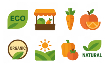 Eco-friendly flat design icons highlighting organic farming and fresh produce