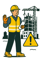 Construction Worker Wearing a Hard Hat, Reflective Vest, Gloves, and Safety Boots While Holding a Blueprint - Workplace Safety Illustration.