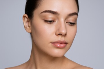 Fototapeta premium Close-Up Portrait of a Young Woman with Natural, Glowing Skin, Perfect for Beauty and Skincare Concepts