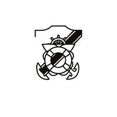 Nautical emblem design featuring a ship's wheel, life preserver, anchor, and shield, perfect for maritime themes.