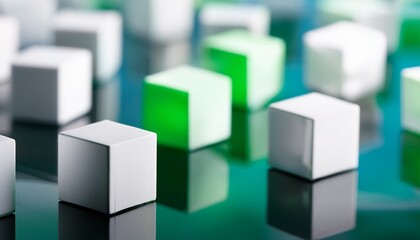 Fototapeta premium abstract motion blur of white cubes with green accents on a soft reflective surface