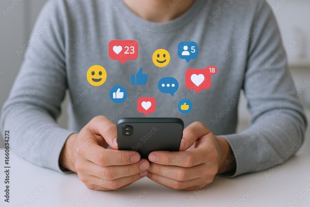 Poster man using mobile phone with social media icons, representing digital communication and online intera