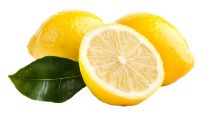 Fresh yellow lemons with green leaf isolated on a transparent background