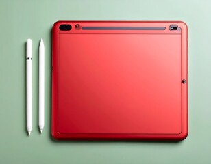 Red tablet and two styluses rest on a pale green surface