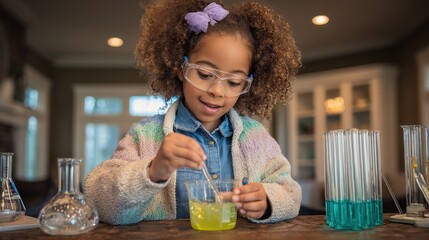 Enthusiastic young scientist conducts experiments with colorful liquids and glassware in a home laboratory setting, promoting education