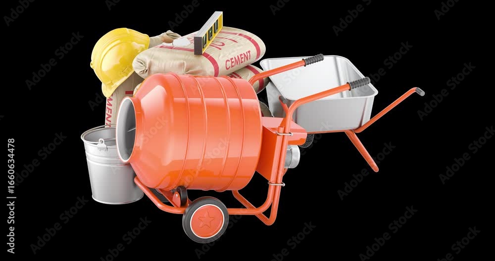 Aufkleber concrete mixer with construction tools, rotation animation seamlessly loopable. 3d rendering isolate